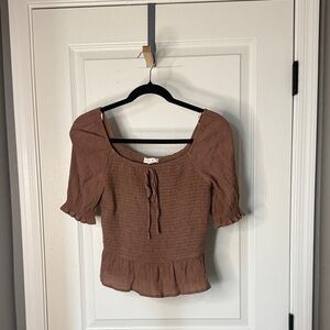 mine Brown Smocked Peplum Short Sleeve Top